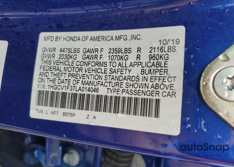 2020 Honda Accord Sport z USA, uszkodzony, nr VIN 1HGCV1F37LA014046